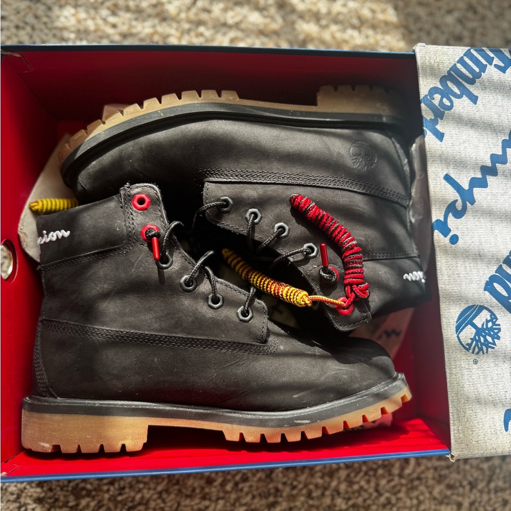 Timberland Kids Black Boots with Red and Yellow Laces